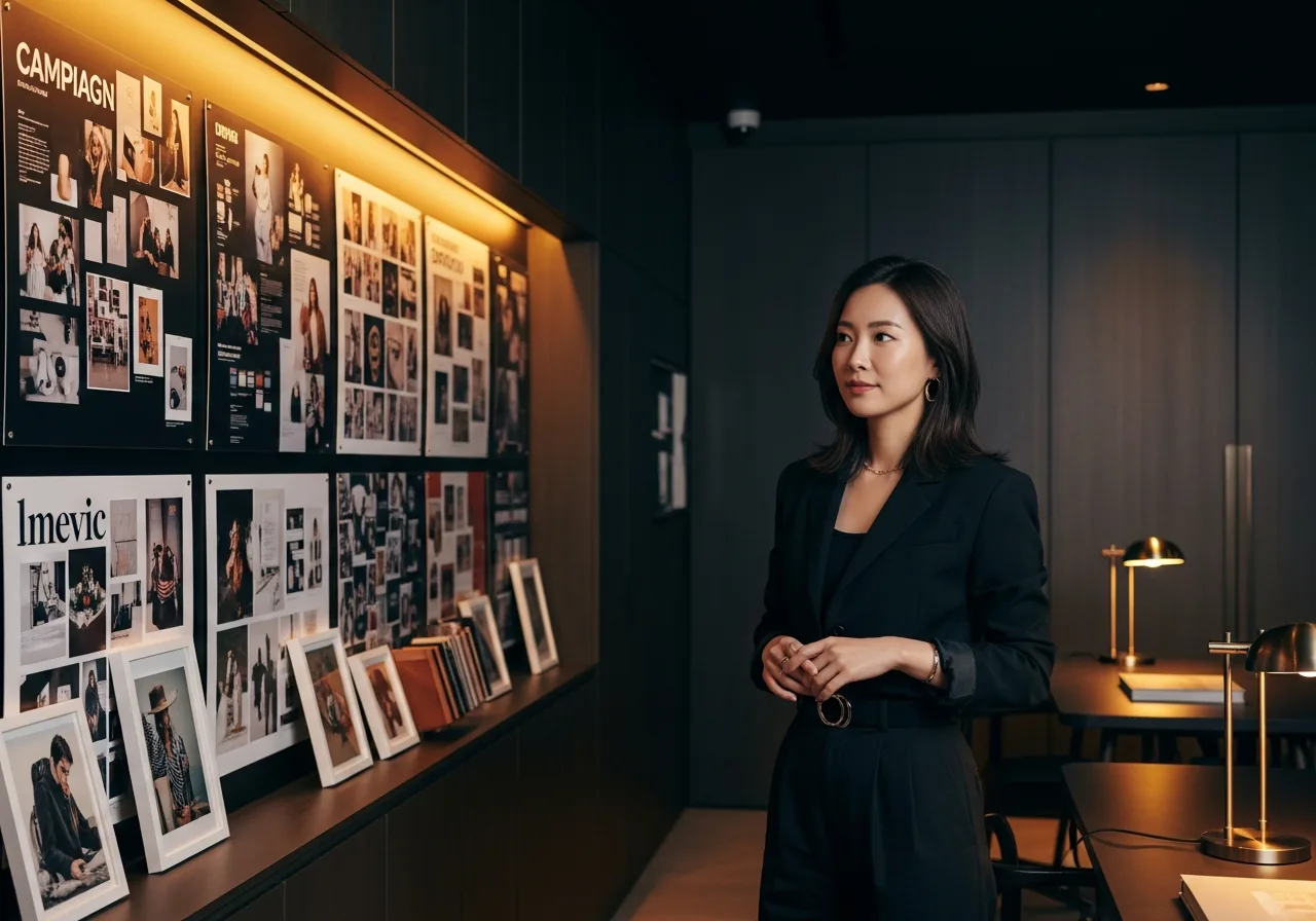 一位東方面容女性品牌策略顧問站在高級創意空間與 campaign moodboard 旁，整體氛圍時尚而專業的形象照片。