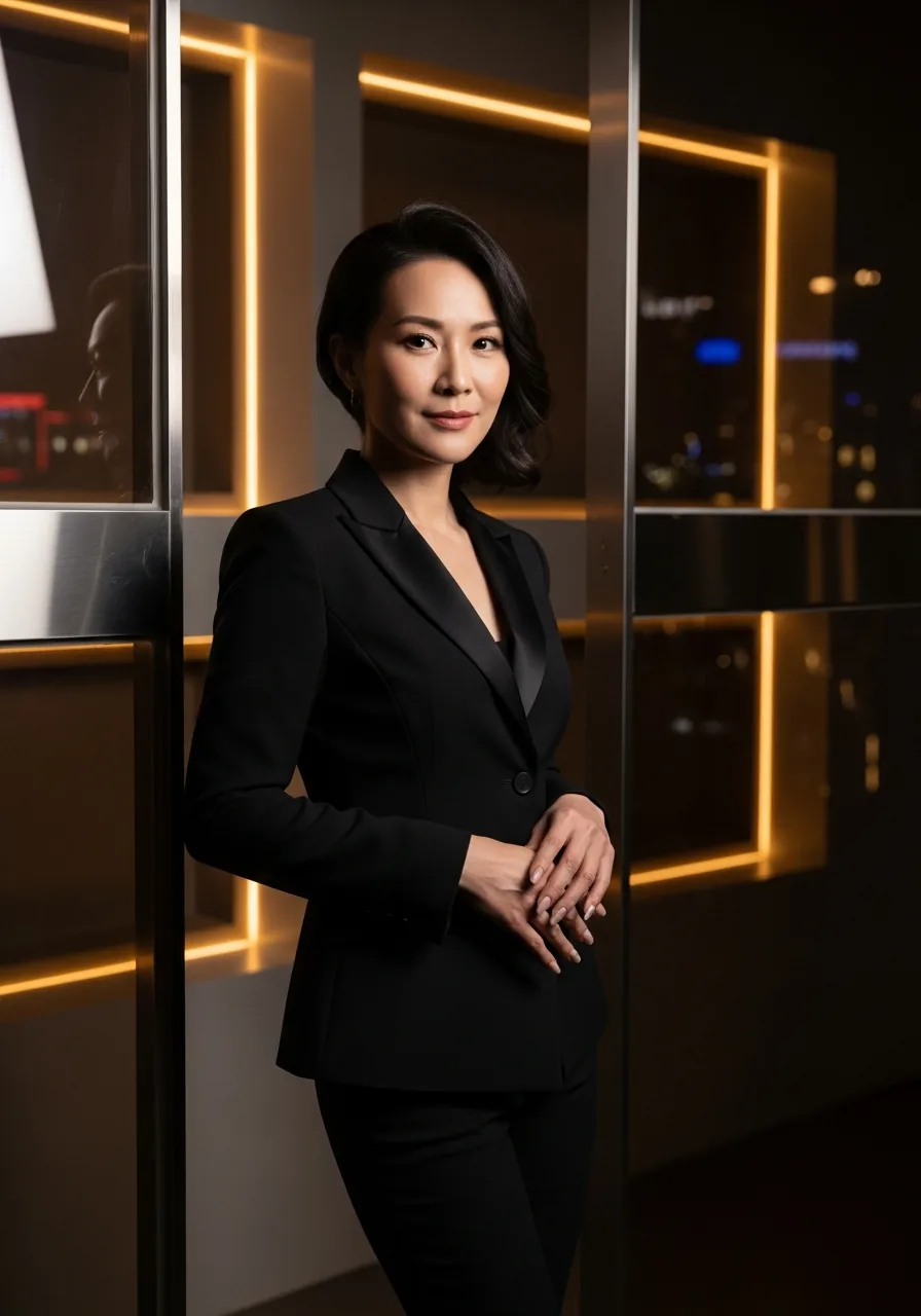在高級台北內容空間裡，一位穿著俐落黑色套裝的東方面容女性創意總監站在暖金光線與現代玻璃結構之間的形象照片。