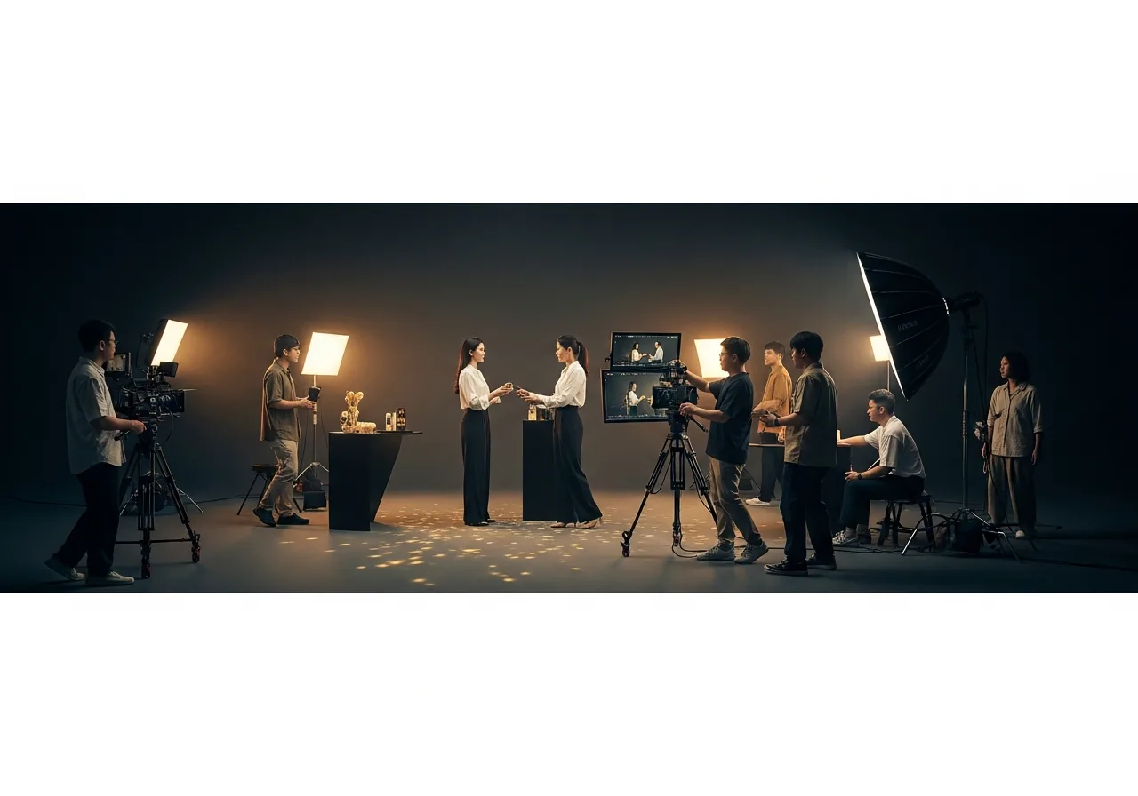 在高規格棚拍現場中，東方面容主持人與製作團隊共同完成品牌內容拍攝的高質感形象照片。