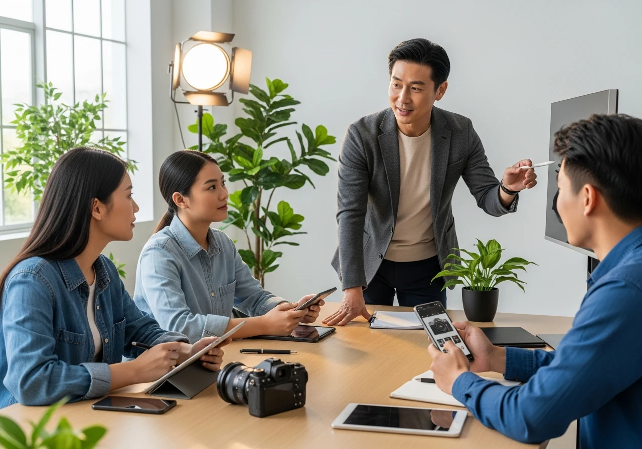 在現代內容教學空間中進行創作者培訓與媒體實作教學的形象照片。