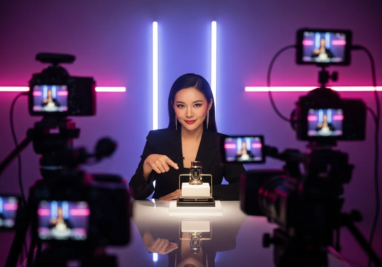 在精品感直播攝影棚中進行高質感直播帶貨展示的形象照片。